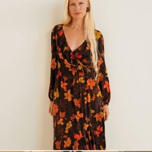 Mango Ruffle Midi Dress Black Floral NWT